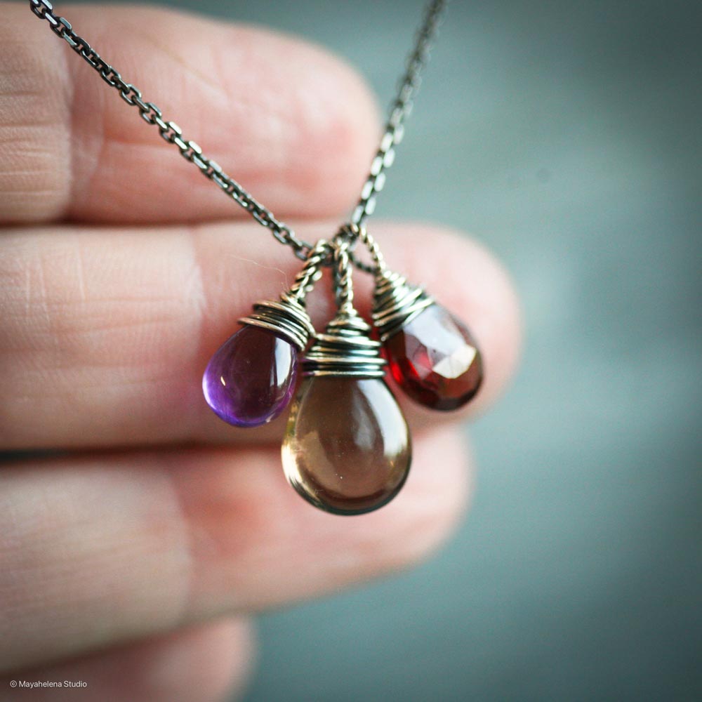 Focus & Lead Gemstone Trio - Smoky Quartz, Amethyst and Garnet Sterling Silver Wire Wrapped Necklace