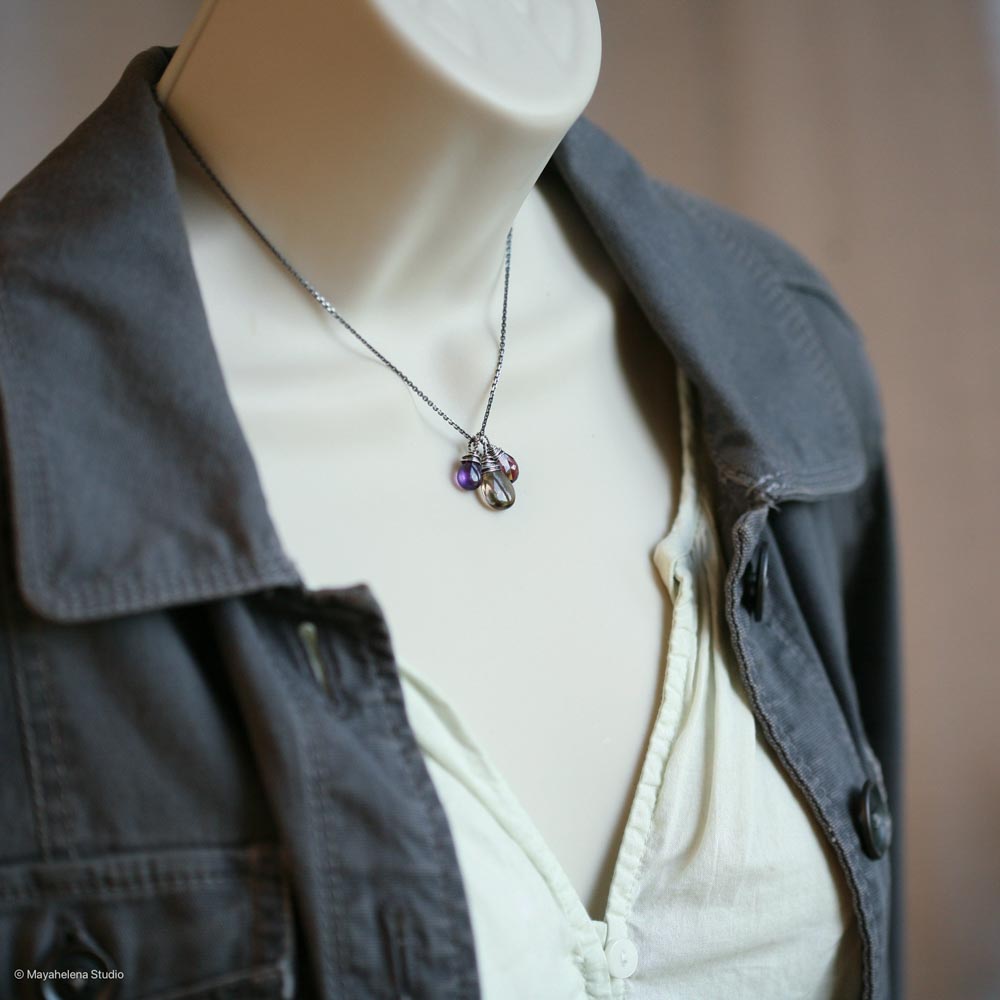 Focus & Lead Gemstone Trio - Smoky Quartz, Amethyst and Garnet Sterling Silver Wire Wrapped Necklace