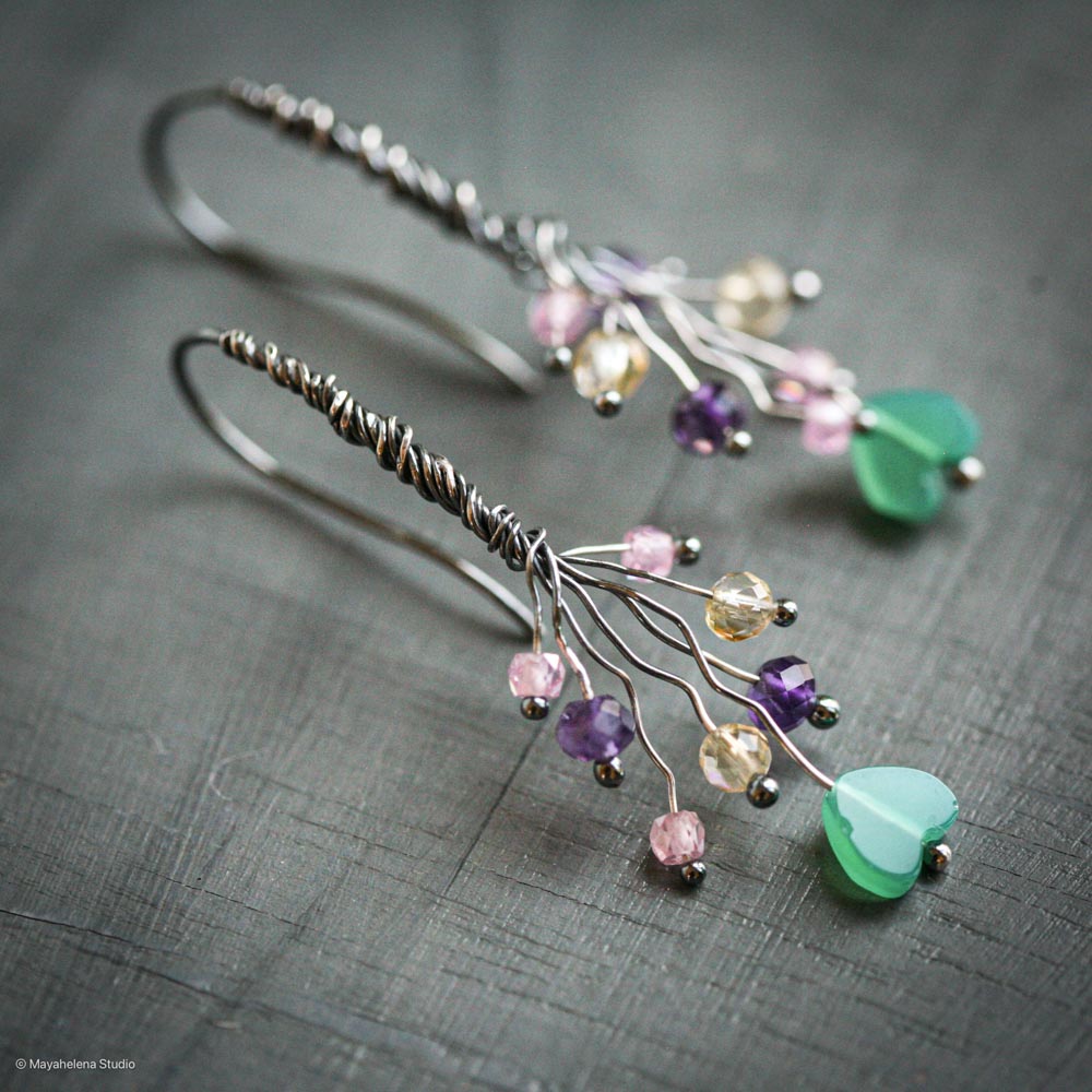 Chalcedony Heart Sterling Silver Earrings: Amethyst Citrine Jewelry
