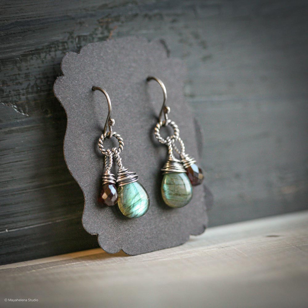 Dragon's Heart - Labradorite and Garnet Wire Wrapped Sterling Silver Earrings