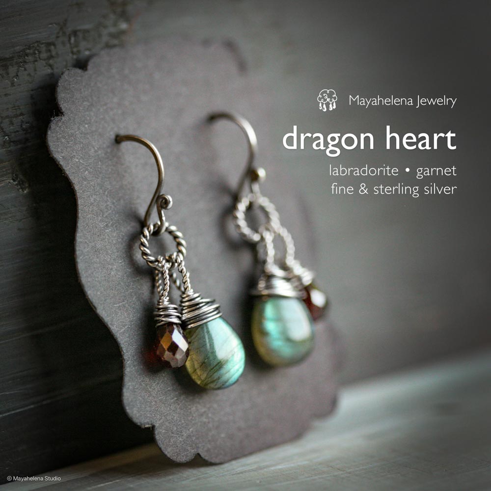 Dragon's Heart - Labradorite and Garnet Wire Wrapped Sterling Silver Earrings
