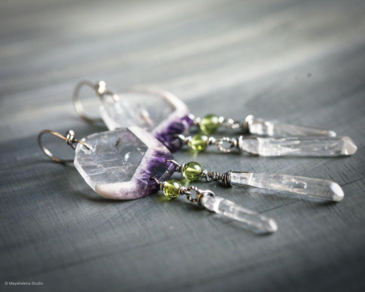 Thru the Looking Glass - Quartz in Amethyst Slices and Peridot Sterling Silver Earrings