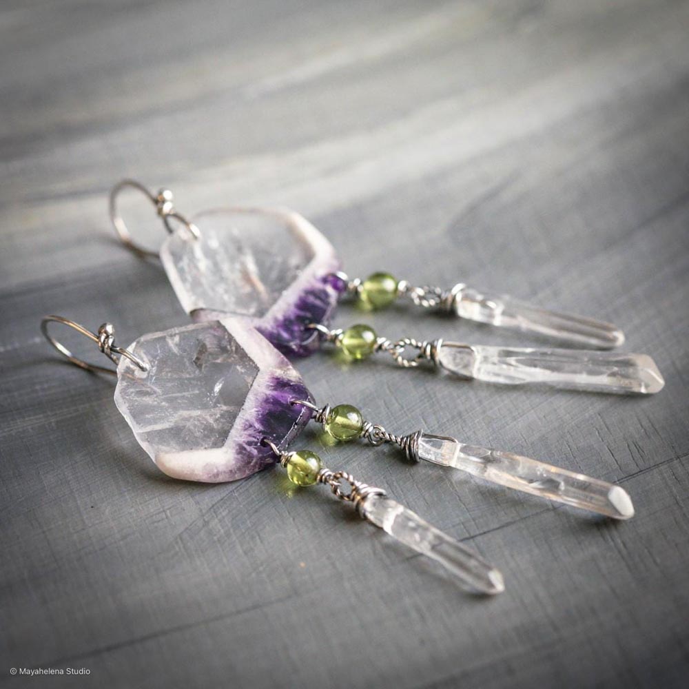 Thru the Looking Glass - Quartz in Amethyst Slices and Peridot Sterling Silver Earrings