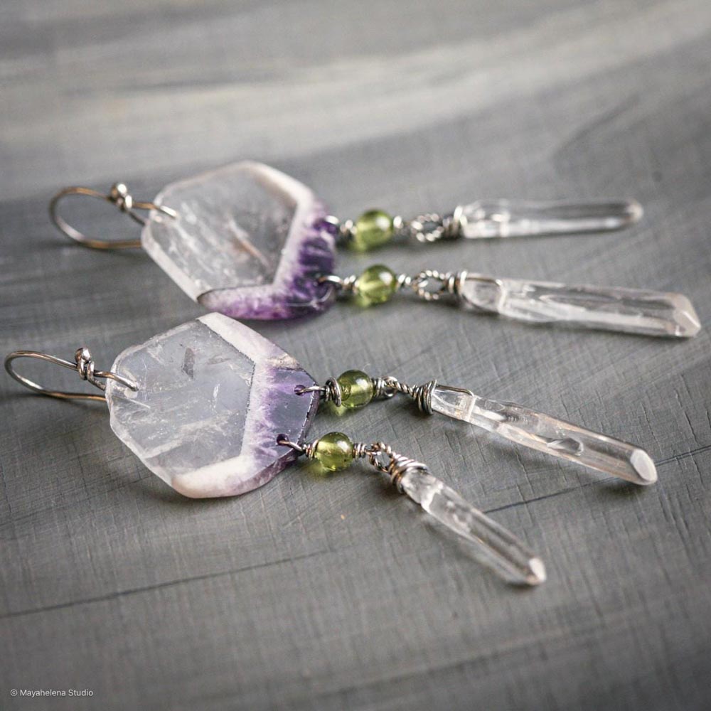 Thru the Looking Glass - Quartz in Amethyst Slices and Peridot Sterling Silver Earrings