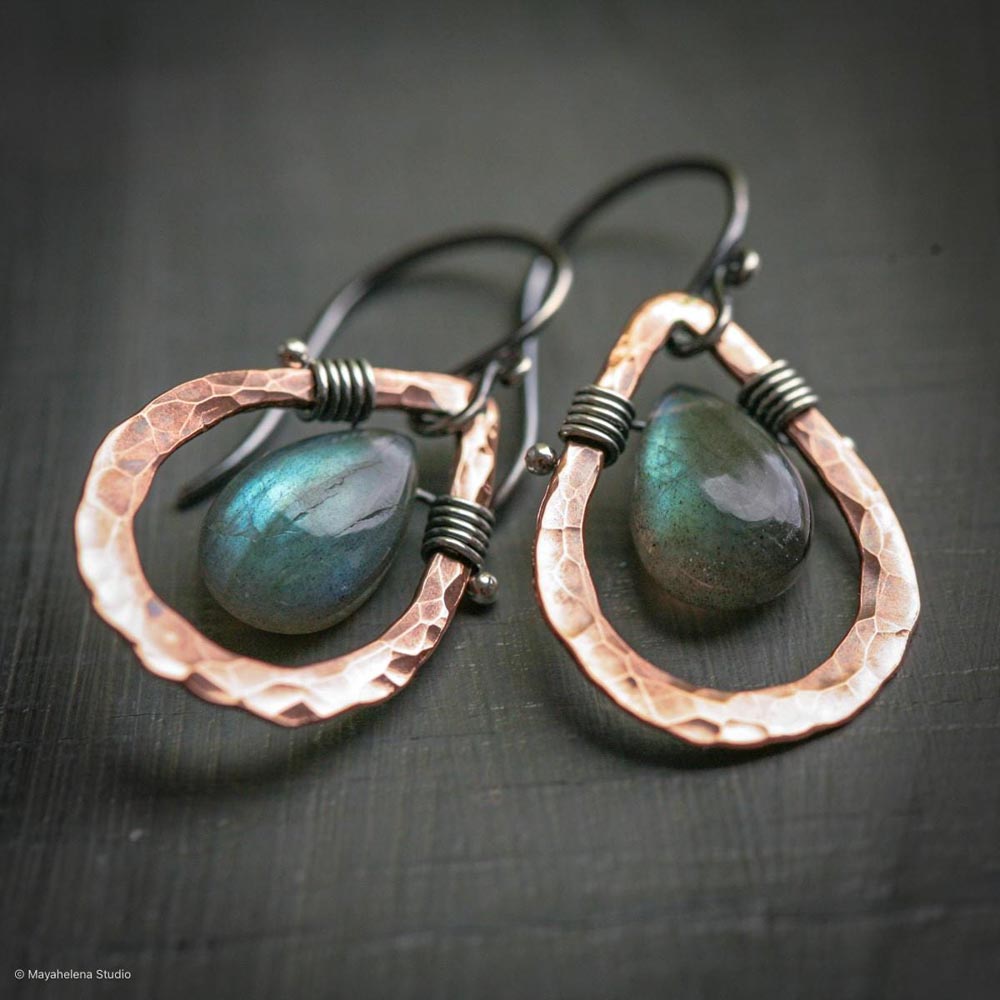 Embrace  - Smooth Labradorite Briolettes and Copper Sterling Silver Wire Wrapped Earrings