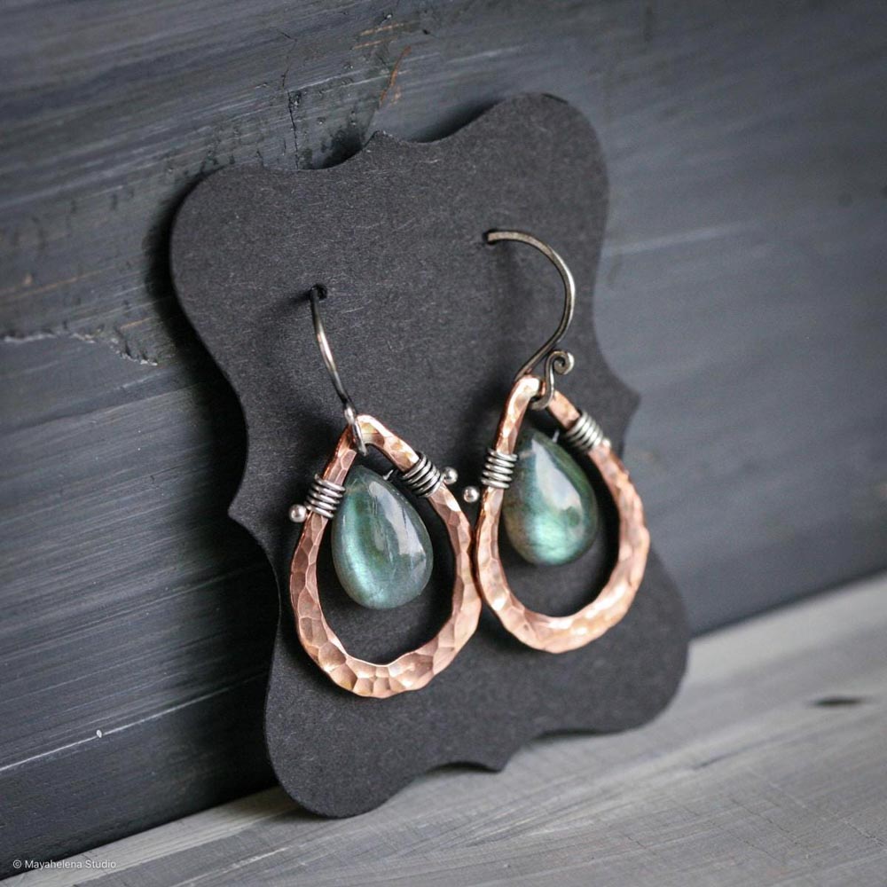 Embrace  - Smooth Labradorite Briolettes and Copper Sterling Silver Wire Wrapped Earrings