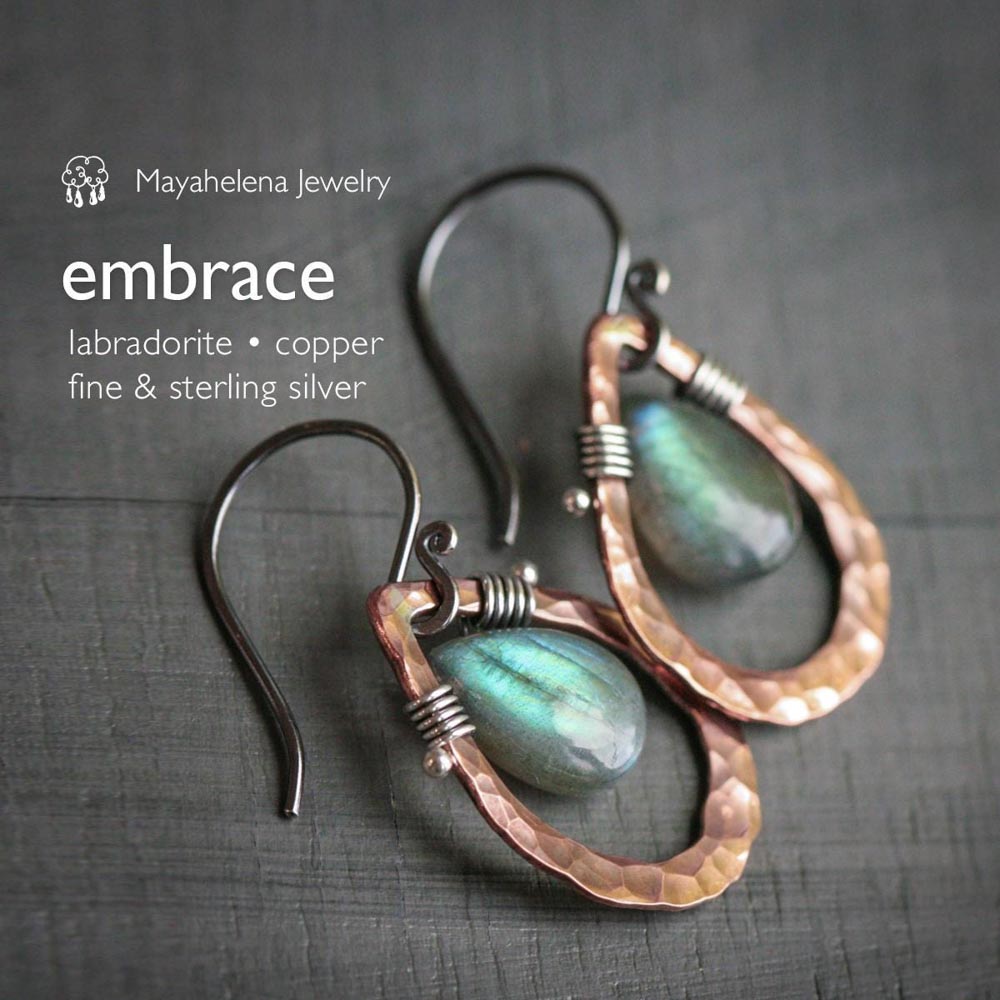 Embrace  - Smooth Labradorite Briolettes and Copper Sterling Silver Wire Wrapped Earrings