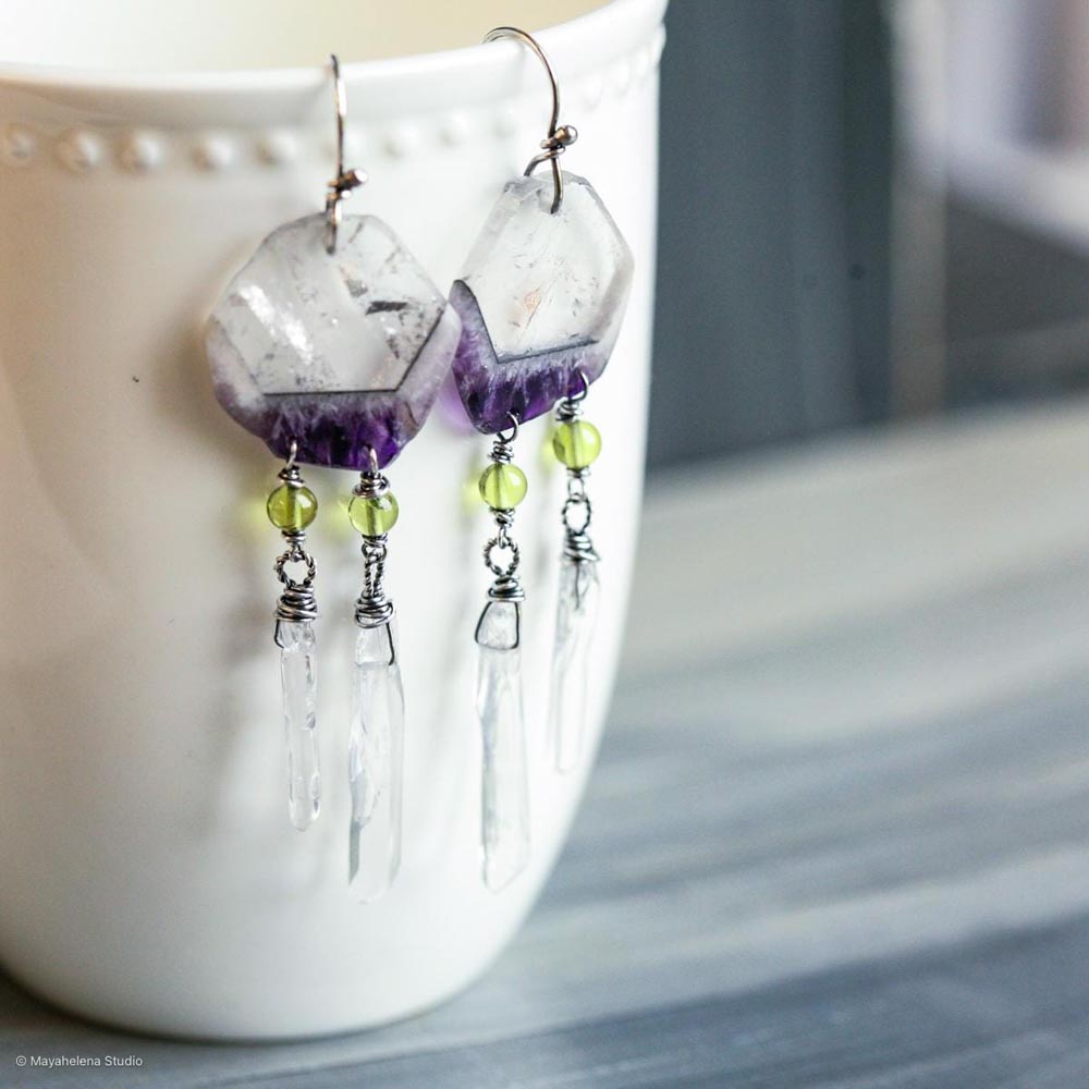 Thru the Looking Glass - Quartz in Amethyst Slices and Peridot Sterling Silver Earrings