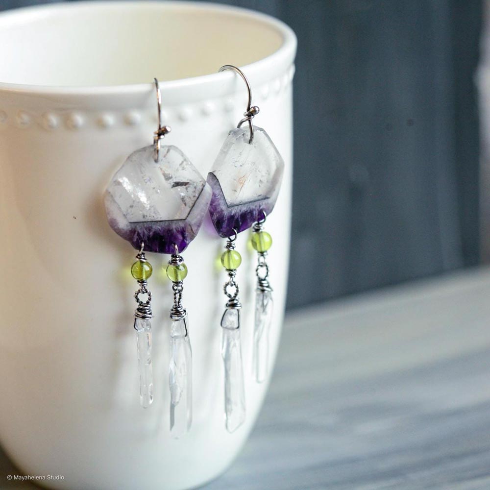 Thru the Looking Glass - Quartz in Amethyst Slices and Peridot Sterling Silver Earrings