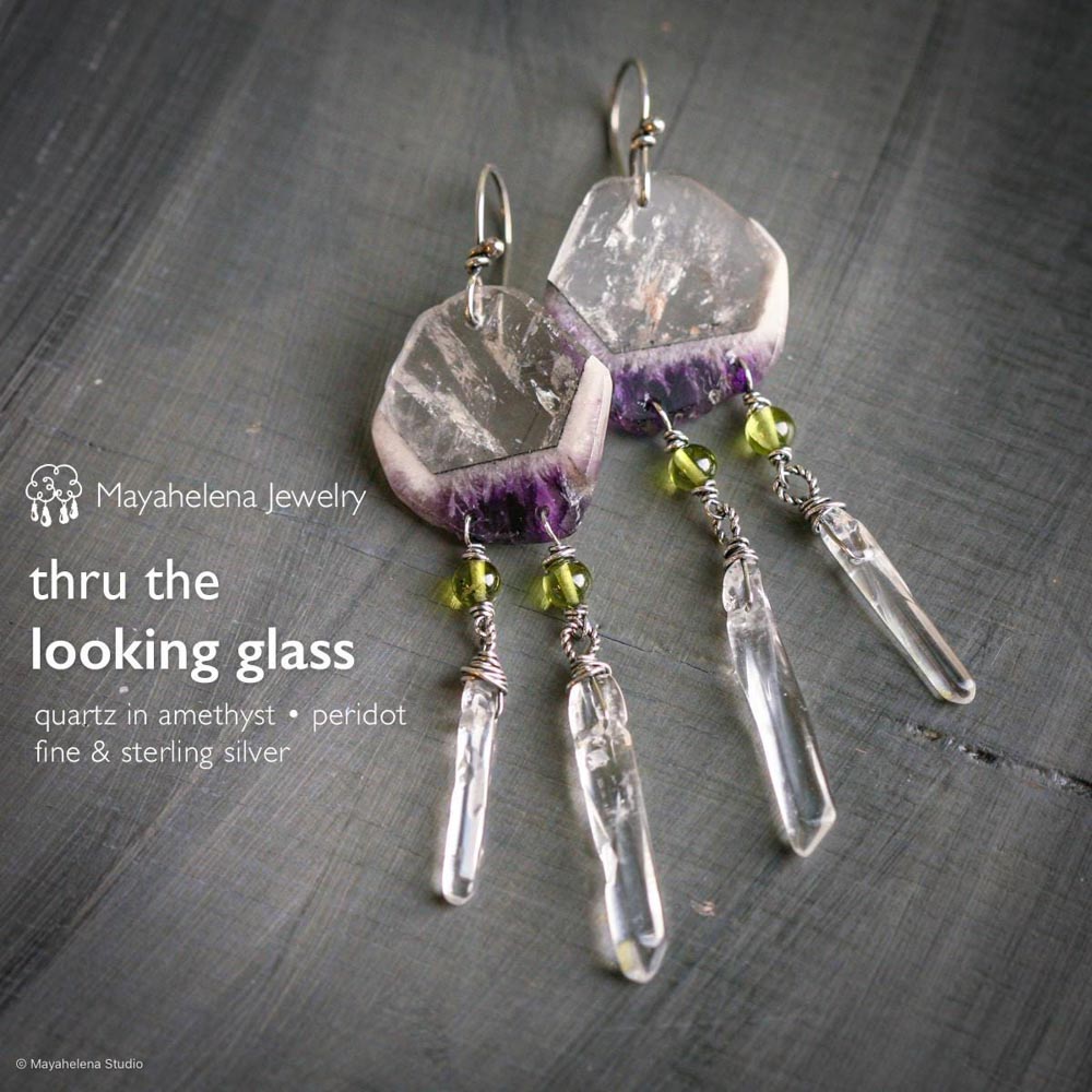 Thru the Looking Glass - Quartz in Amethyst Slices and Peridot Sterling Silver Earrings