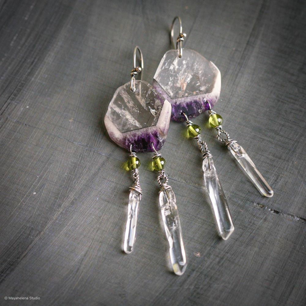 Thru the Looking Glass - Quartz in Amethyst Slices and Peridot Sterling Silver Earrings