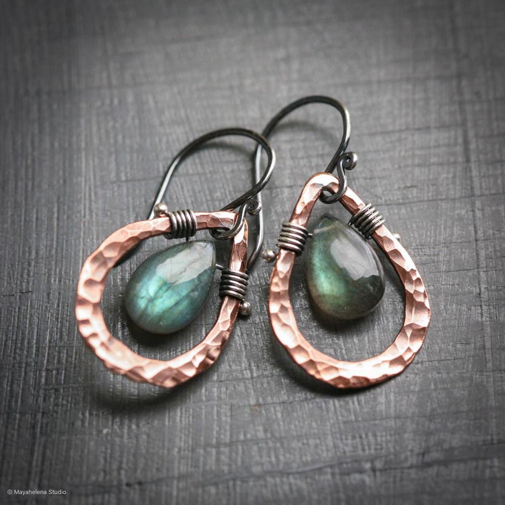 Embrace  - Smooth Labradorite Briolettes and Copper Sterling Silver Wire Wrapped Earrings