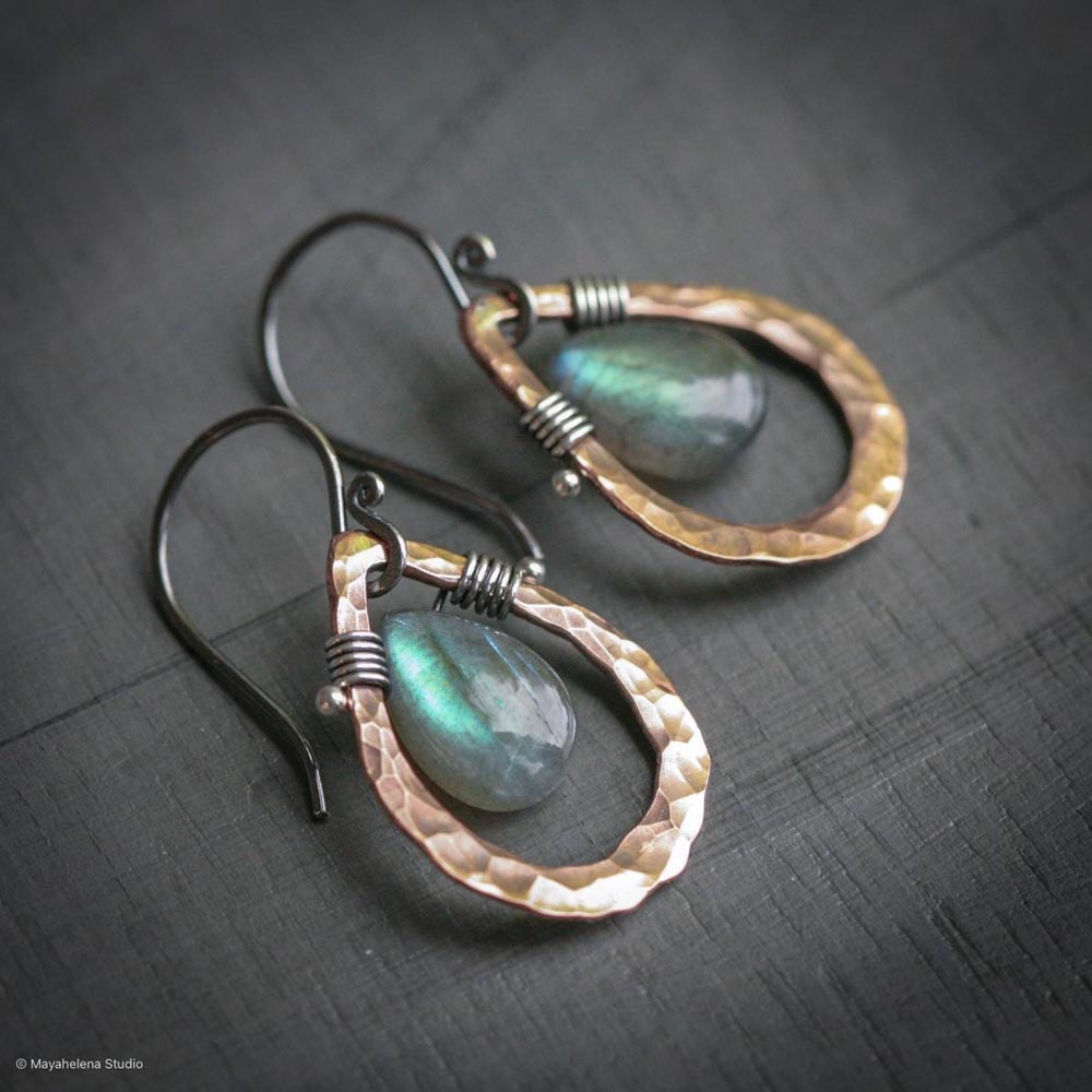 Embrace  - Smooth Labradorite Briolettes and Copper Sterling Silver Wire Wrapped Earrings