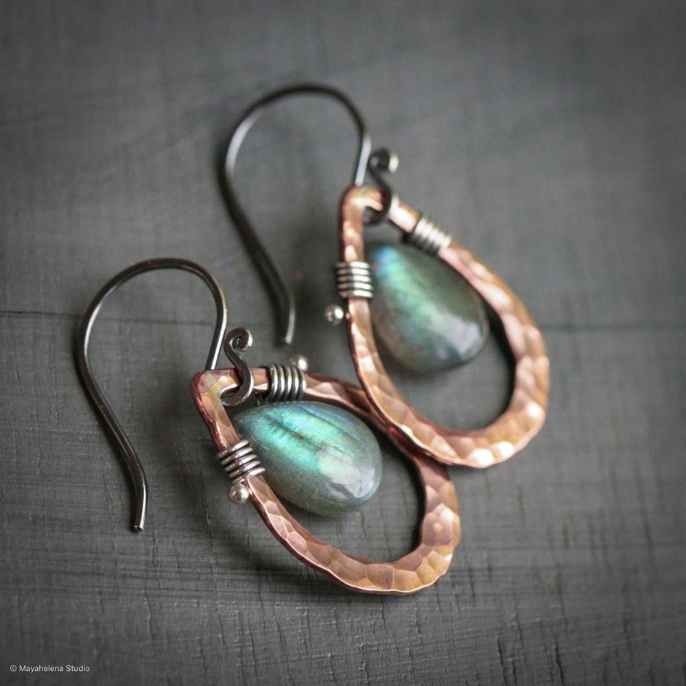 Embrace  - Smooth Labradorite Briolettes and Copper Sterling Silver Wire Wrapped Earrings
