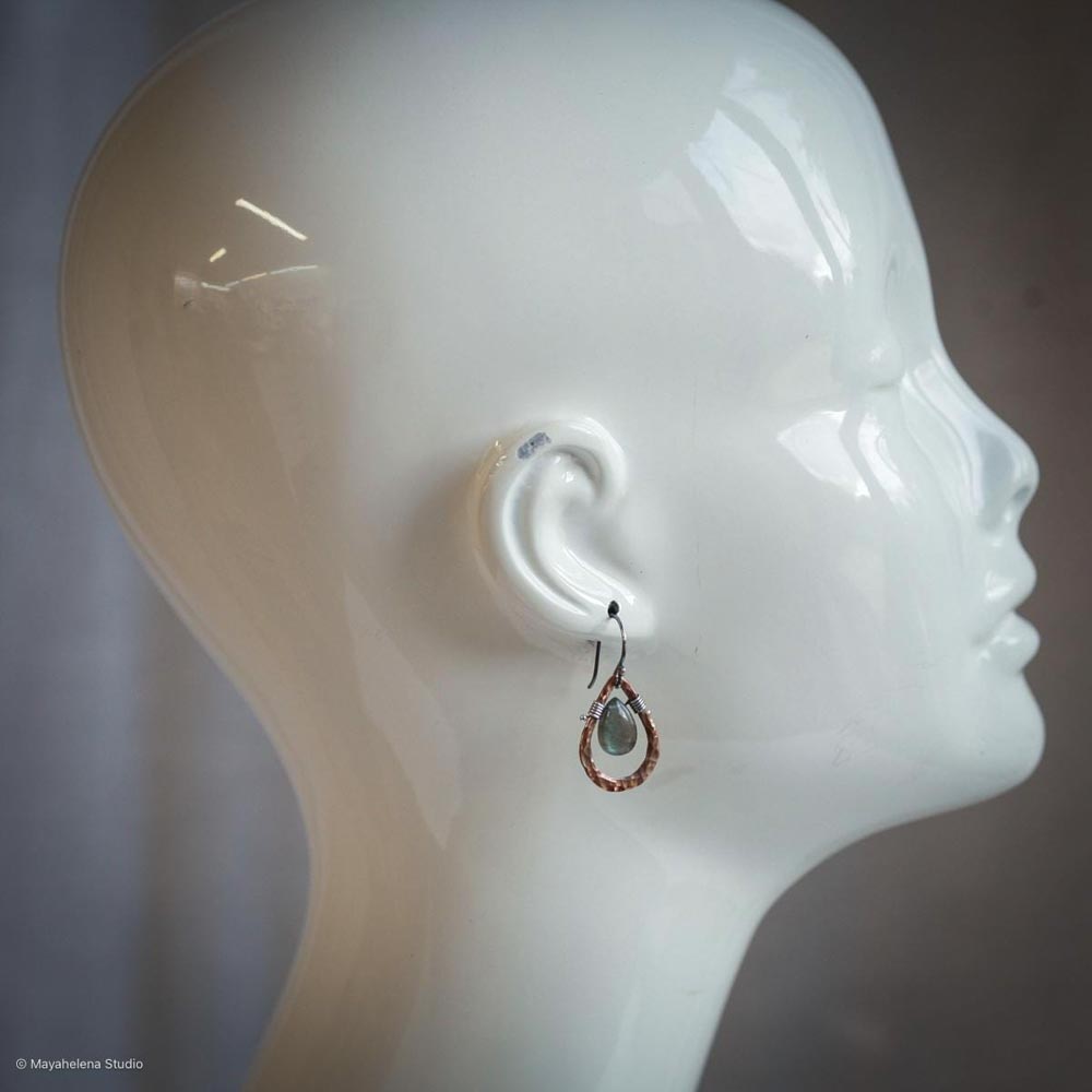 Embrace  - Smooth Labradorite Briolettes and Copper Sterling Silver Wire Wrapped Earrings