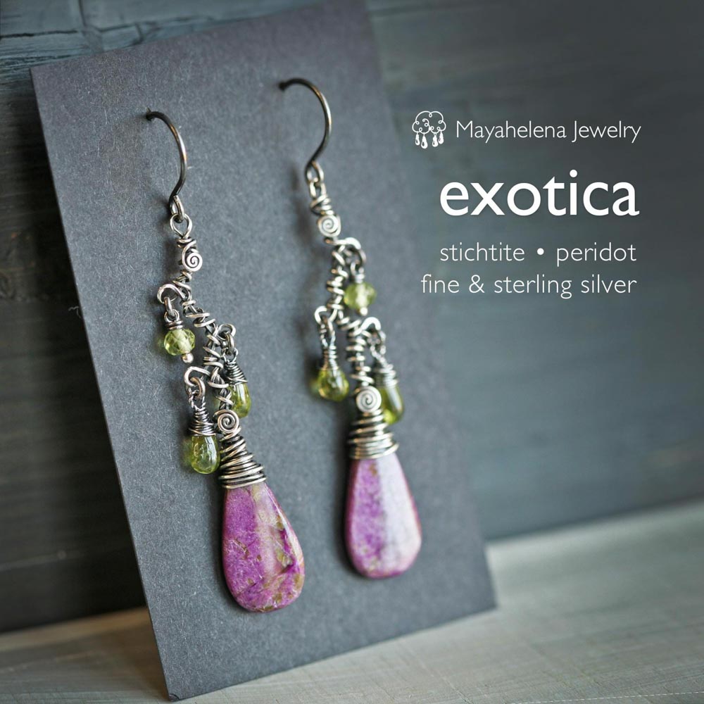 Exotica - Purple Stichtite Slices and Peridot Free Form Wire Sculpted Sterling Dangle Silver Earrings