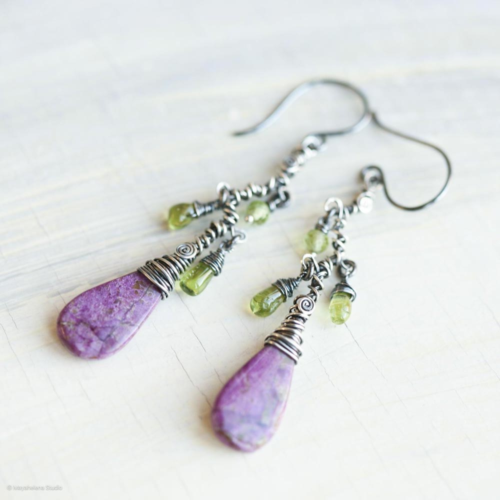 Exotica - Purple Stichtite Slices and Peridot Free Form Wire Sculpted Sterling Dangle Silver Earrings