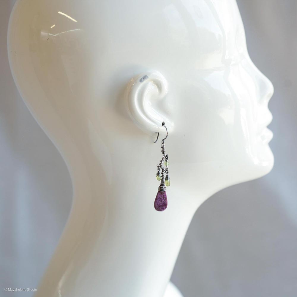 Exotica - Purple Stichtite Slices and Peridot Free Form Wire Sculpted Sterling Dangle Silver Earrings