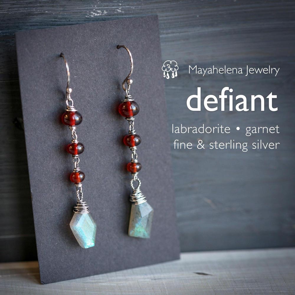 Defiant - Labradorite Garnet Sterling Silver Earrings
