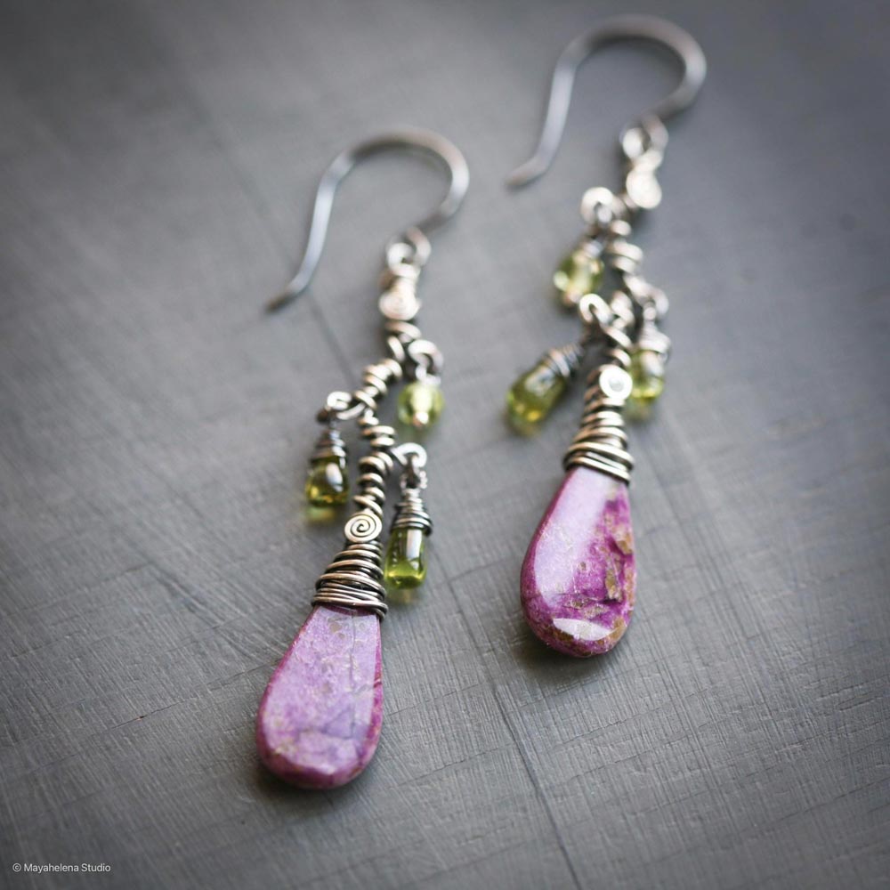 Exotica - Purple Stichtite Slices and Peridot Free Form Wire Sculpted Sterling Dangle Silver Earrings