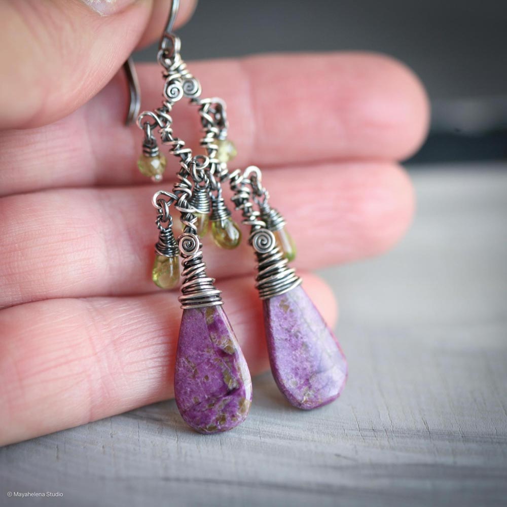 Exotica - Purple Stichtite Slices and Peridot Free Form Wire Sculpted Sterling Dangle Silver Earrings