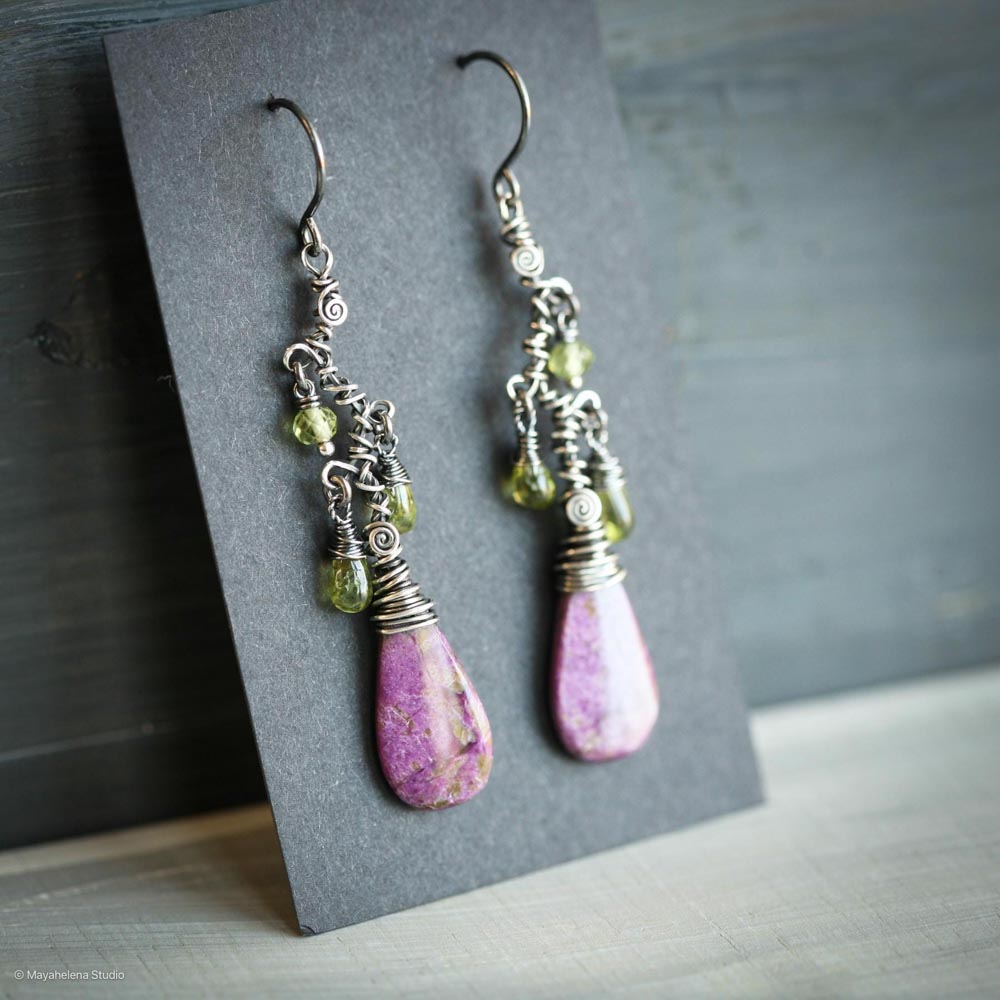 Exotica - Purple Stichtite Slices and Peridot Free Form Wire Sculpted Sterling Dangle Silver Earrings