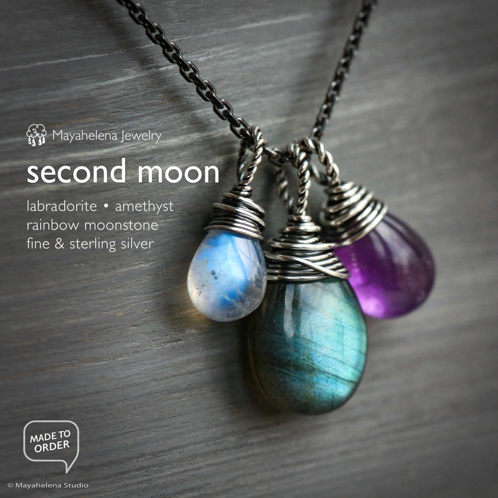 Second Moon  -  Labradorite Amethyst Moonstone Wire Wrapped Sterling Silver Necklace