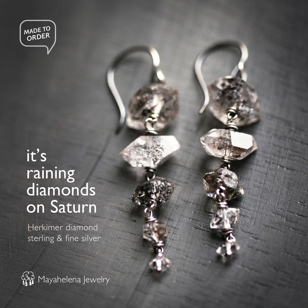 It's Raining Diamonds on Saturn - Included Herkimer Diamond Quartz Oxidized Sterling Silver Earrings