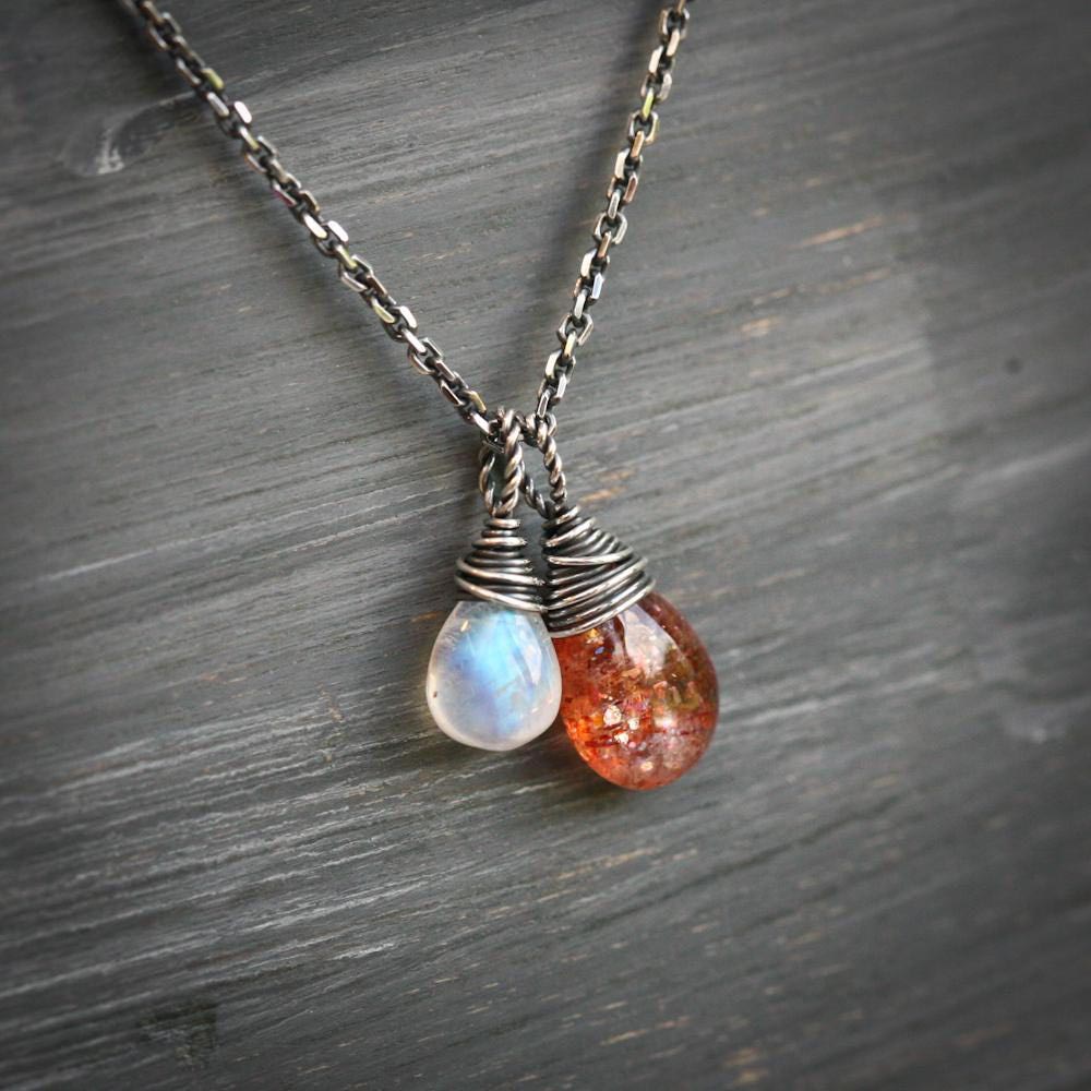 Solar Eclipse - Moonstone and Sunstone Wire Wrapped Sterling Silver Necklace