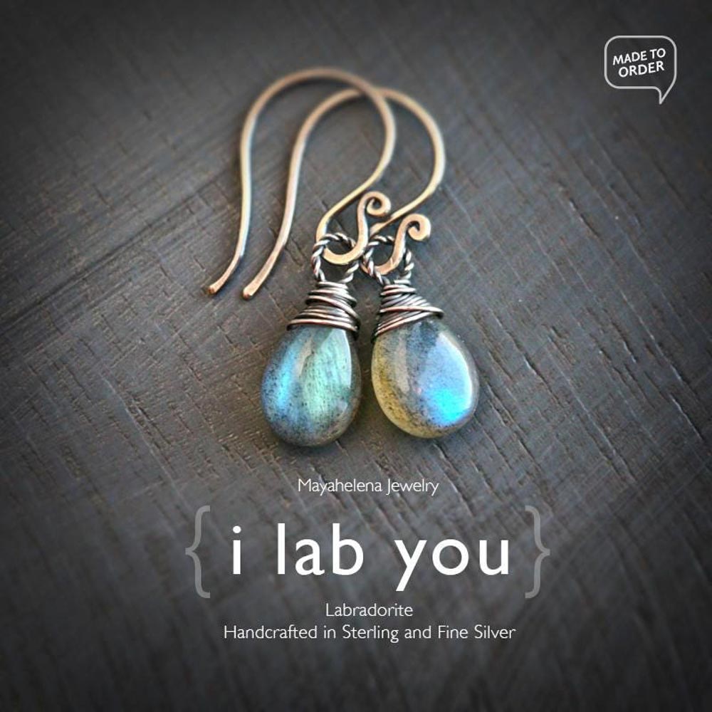 I lab you  - Smooth Labradorite Briolettes Sterling Silver Wire Wrapped Earrings