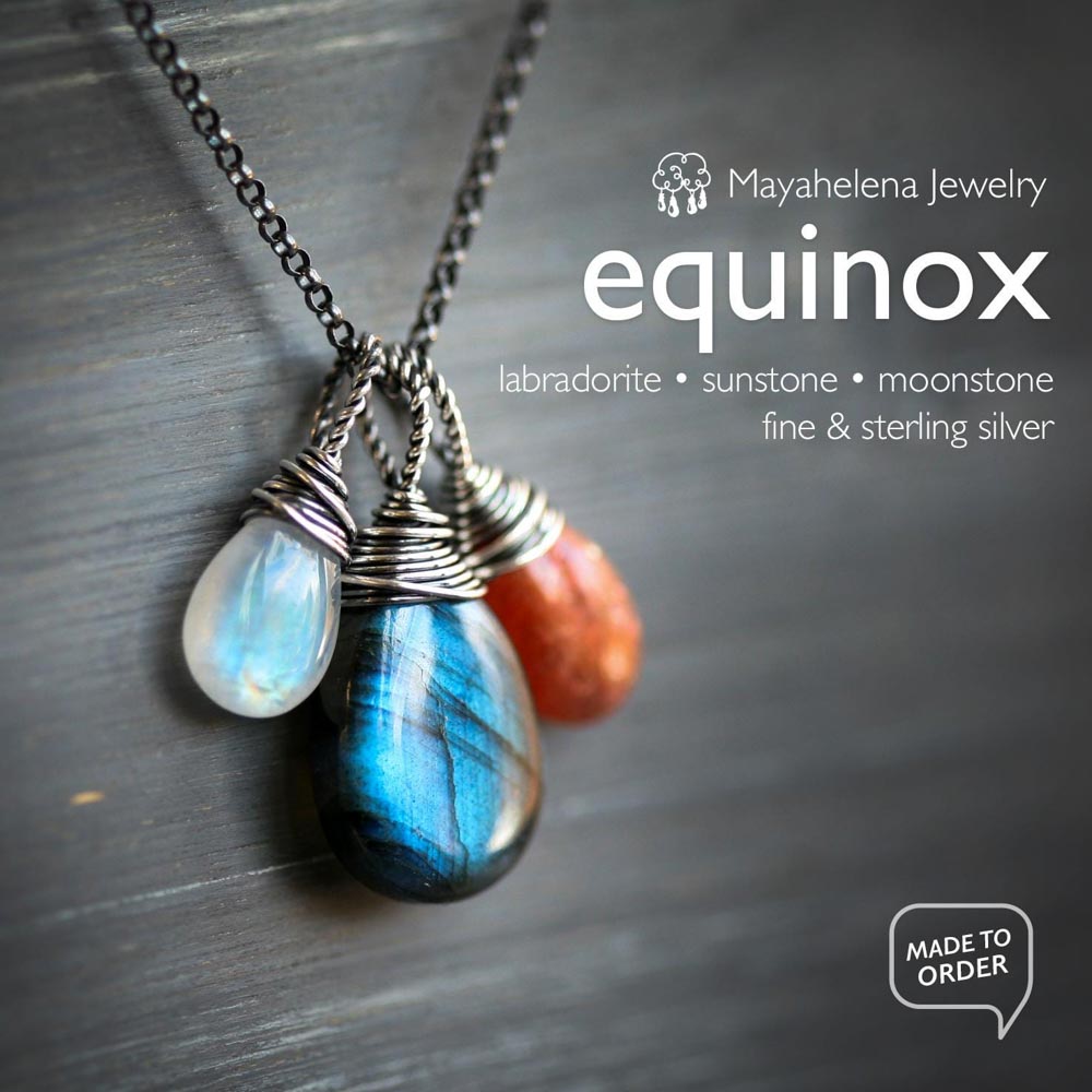 The Equinox  - Labradorite Moonstone and Sunstone Wire Wrapped Sterling Silver Necklace