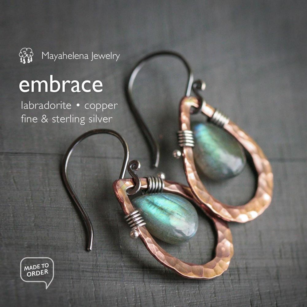 Embrace  - Smooth Labradorite Briolettes and Copper Sterling Silver Wire Wrapped Earrings
