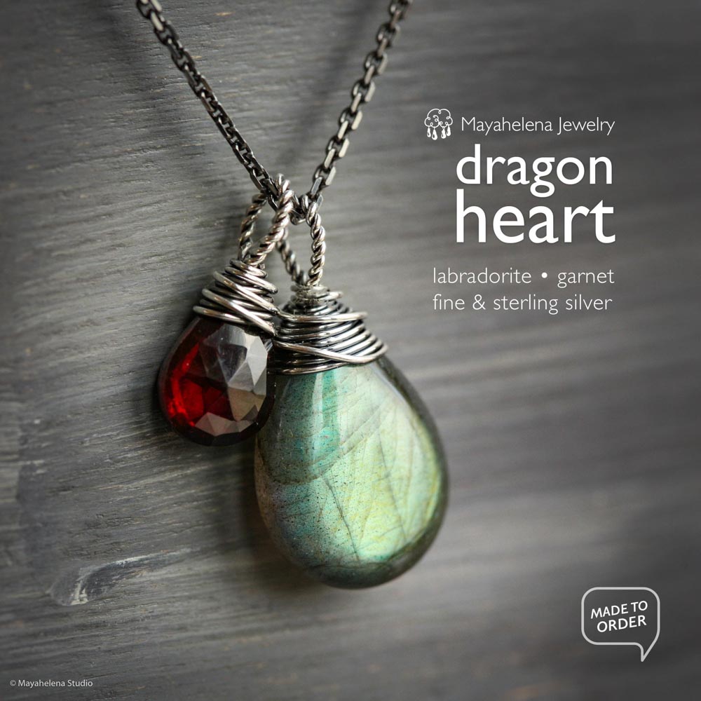 Dragon's Heart - Wire Wrapped Green Labradorite and Garnet Sterling Silver Necklace
