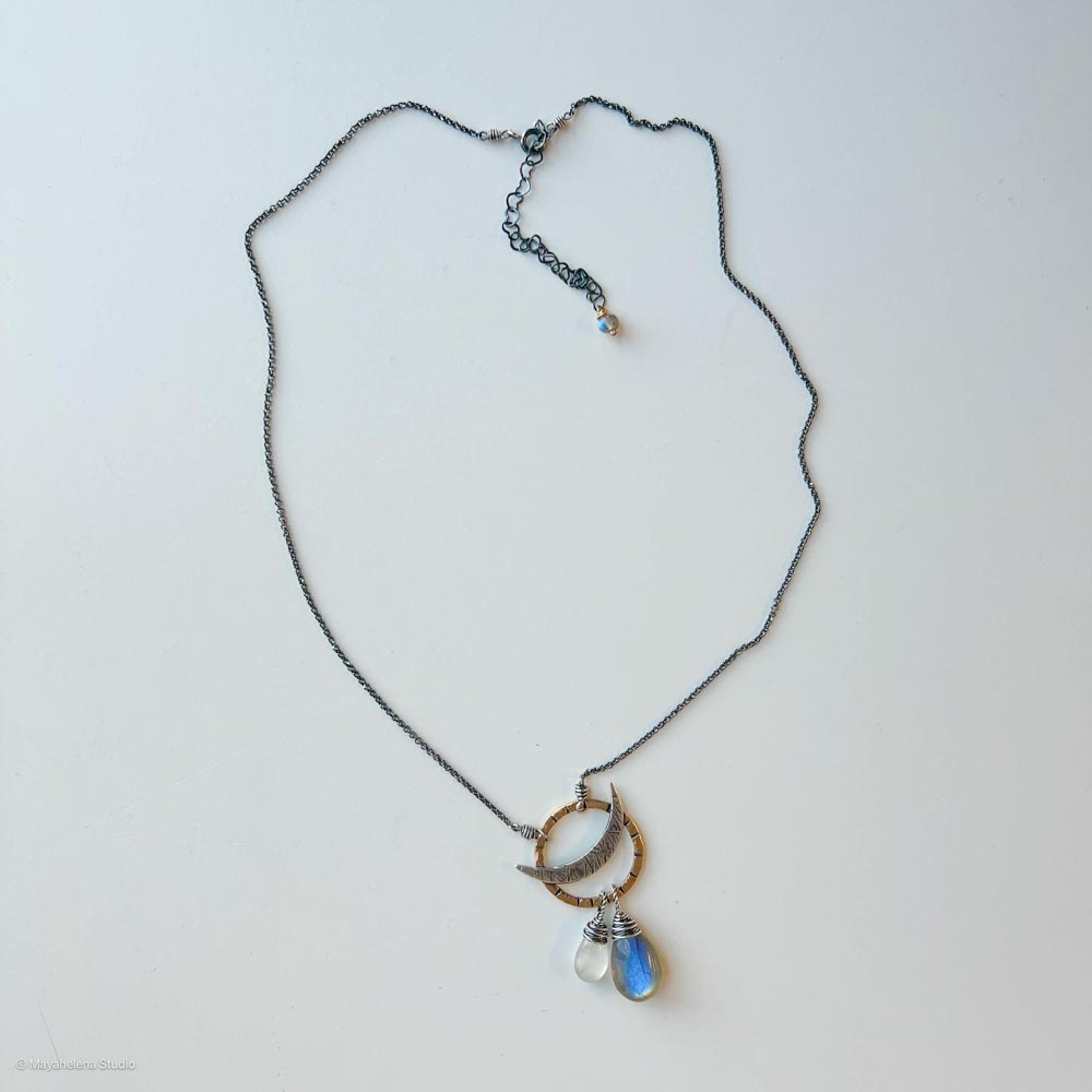 il_fullxfull.6616339060_fb2m.jpg Dark Side of the Moon - Labradorite Moonstone Solar Eclipse Brass and Sterling Silver Necklace