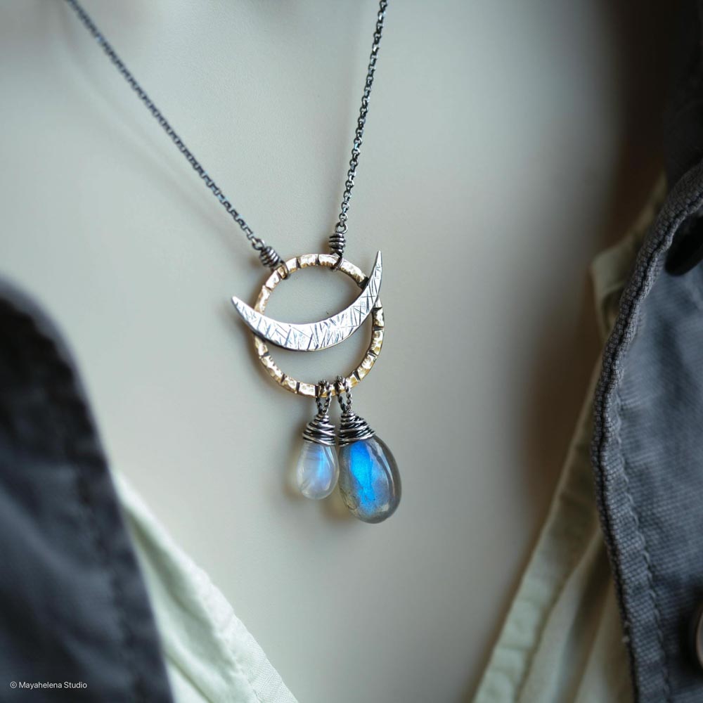 il_fullxfull.6616339072_6jd5.jpg Dark Side of the Moon - Labradorite Moonstone Solar Eclipse Brass and Sterling Silver Necklace