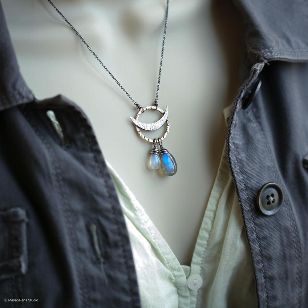 il_fullxfull.6616339092_kbyr.jpg Dark Side of the Moon - Labradorite Moonstone Solar Eclipse Brass and Sterling Silver Necklace