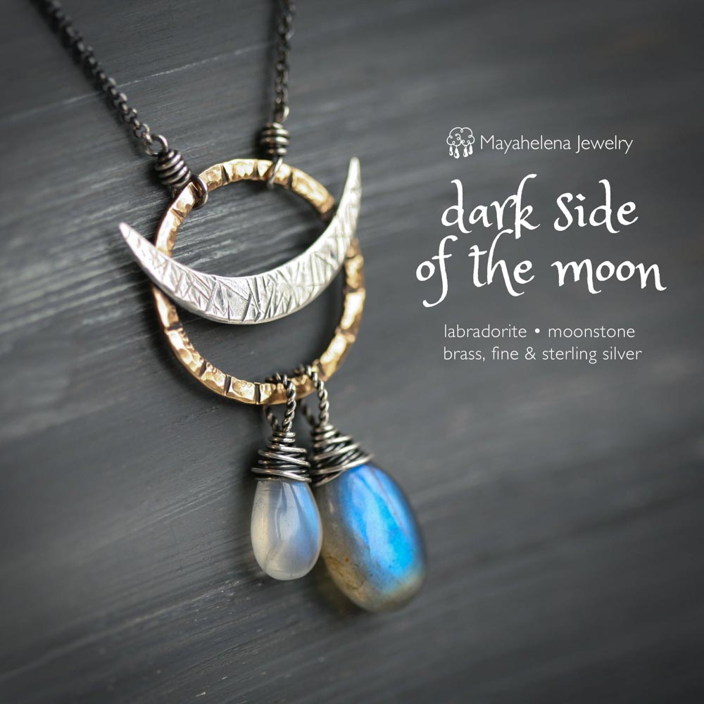 Dark Side of the Moon - Labradorite Moonstone Solar Eclipse Brass and Sterling Silver Necklace