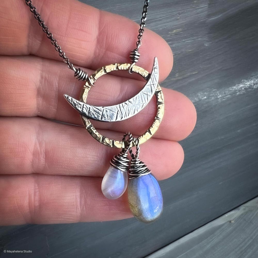 il_fullxfull.6616340192_o6mb.jpg Dark Side of the Moon - Labradorite Moonstone Solar Eclipse Brass and Sterling Silver Necklace