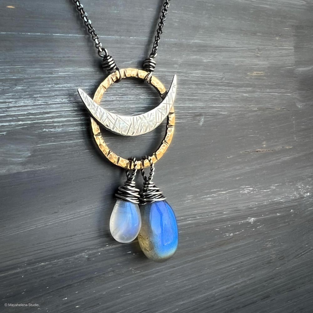 il_fullxfull.6616341174_jo85.jpg Dark Side of the Moon - Labradorite Moonstone Solar Eclipse Brass and Sterling Silver Necklace