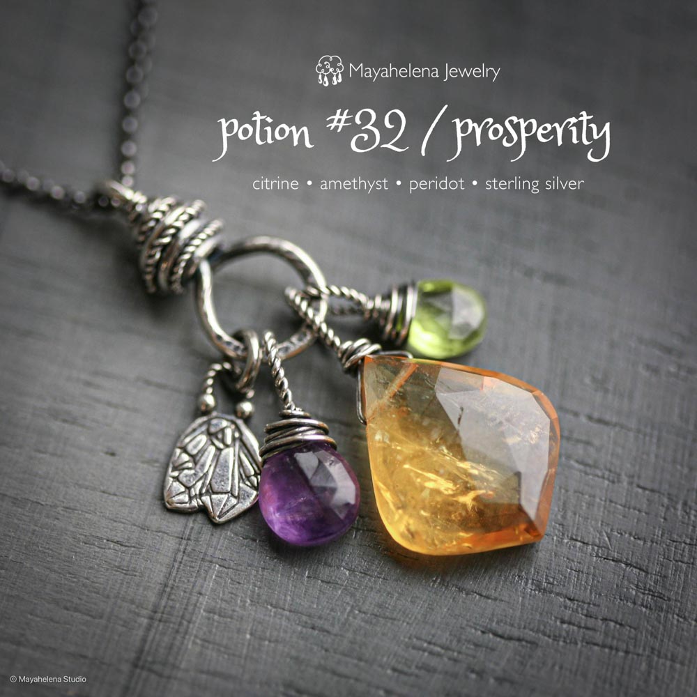 Prosperity - Citrine Amethyst Peridot Crystals Sterling Silver Charm Necklace Pendant