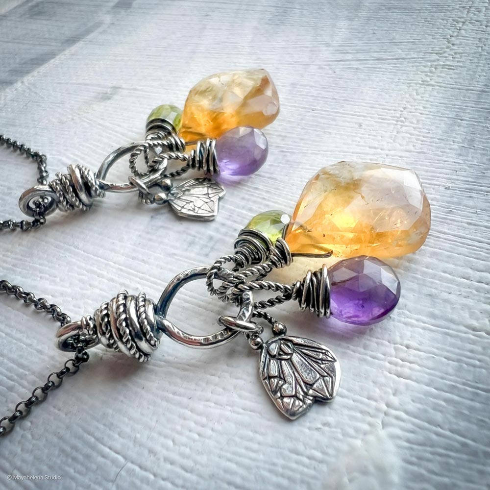 Prosperity - Citrine Amethyst Peridot Crystals Sterling Silver Charm Necklace Pendant