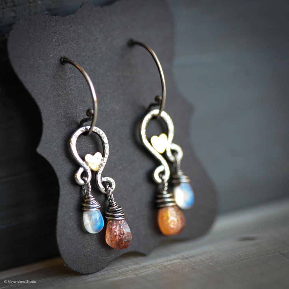 Solar Eclipse - Sunstone Moonstone Paisley with Accent Brass Hearts Sterling Silver Earrings