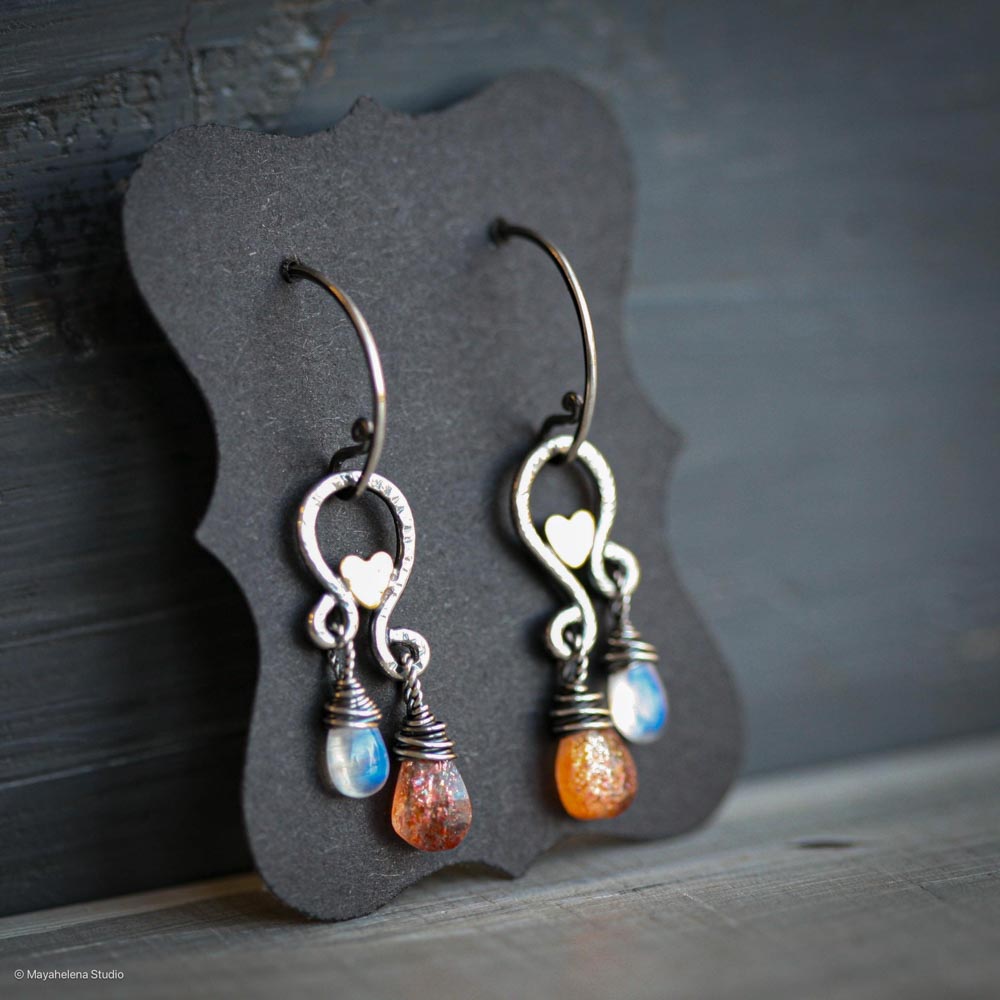 Solar Eclipse - Sunstone Moonstone Paisley with Accent Brass Hearts Sterling Silver Earrings