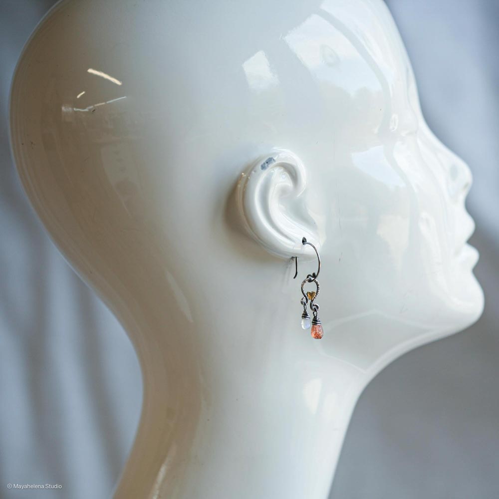 Solar Eclipse - Sunstone Moonstone Paisley with Accent Brass Hearts Sterling Silver Earrings