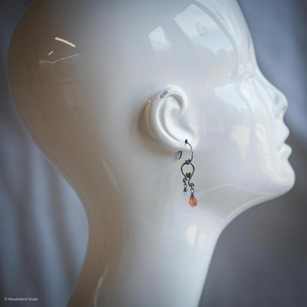 il_fullxfull.6616463178_e69w.jpg Solar Eclipse - Sunstone Moonstone Paisley with Accent Brass Hearts Oxidized Sterling Silver Earrings