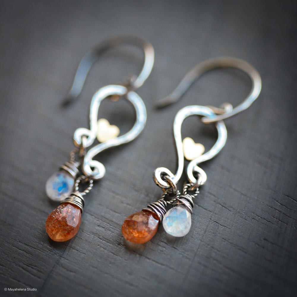 il_fullxfull.6616463180_grxt.jpg Solar Eclipse - Sunstone Moonstone Paisley with Accent Brass Hearts Oxidized Sterling Silver Earrings