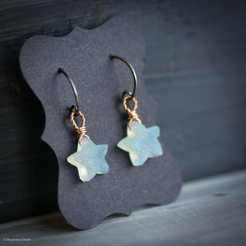 Star Child - Chalcedony Brass Oxidized Sterling Silver Earrings