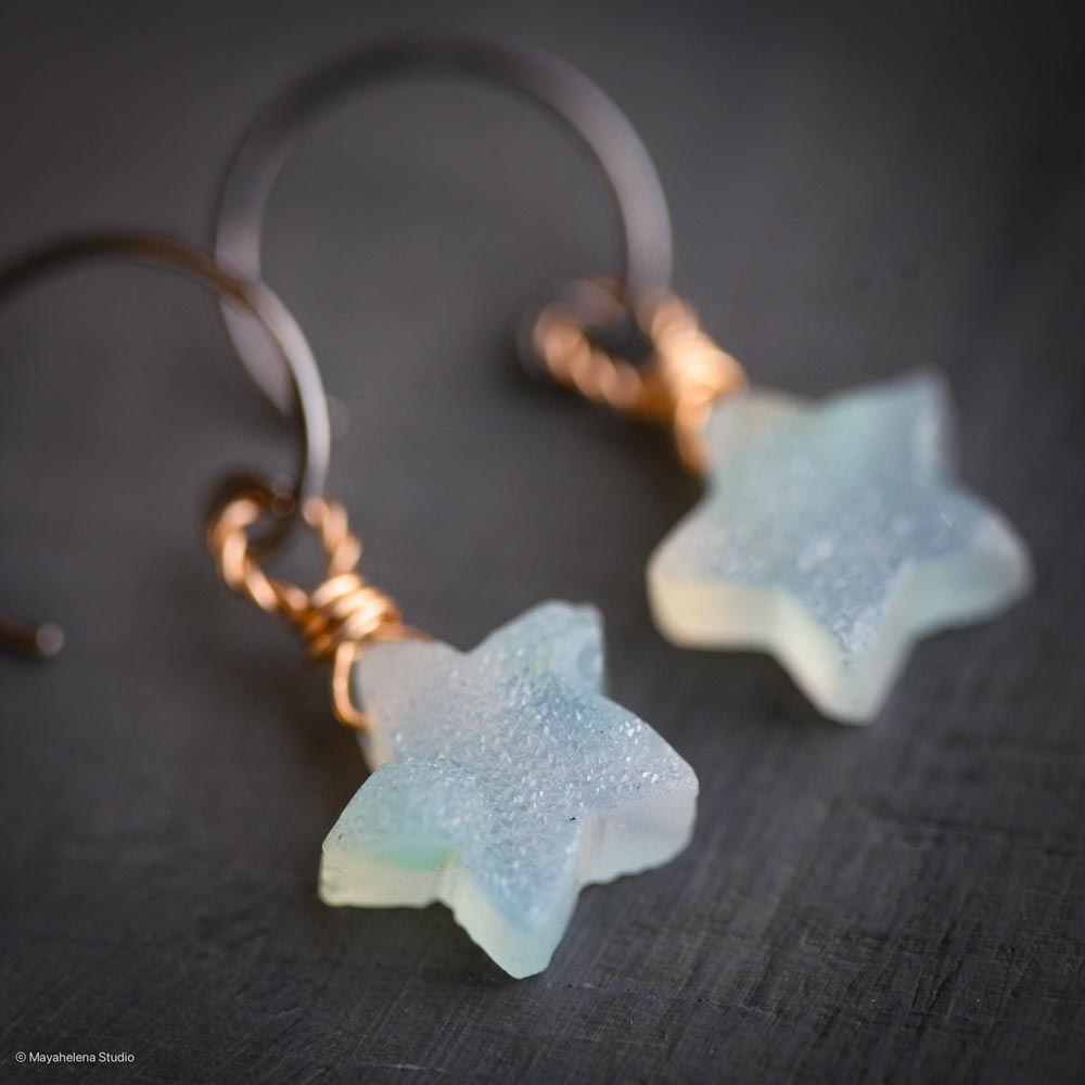 Star Child - Chalcedony Brass Oxidized Sterling Silver Earrings