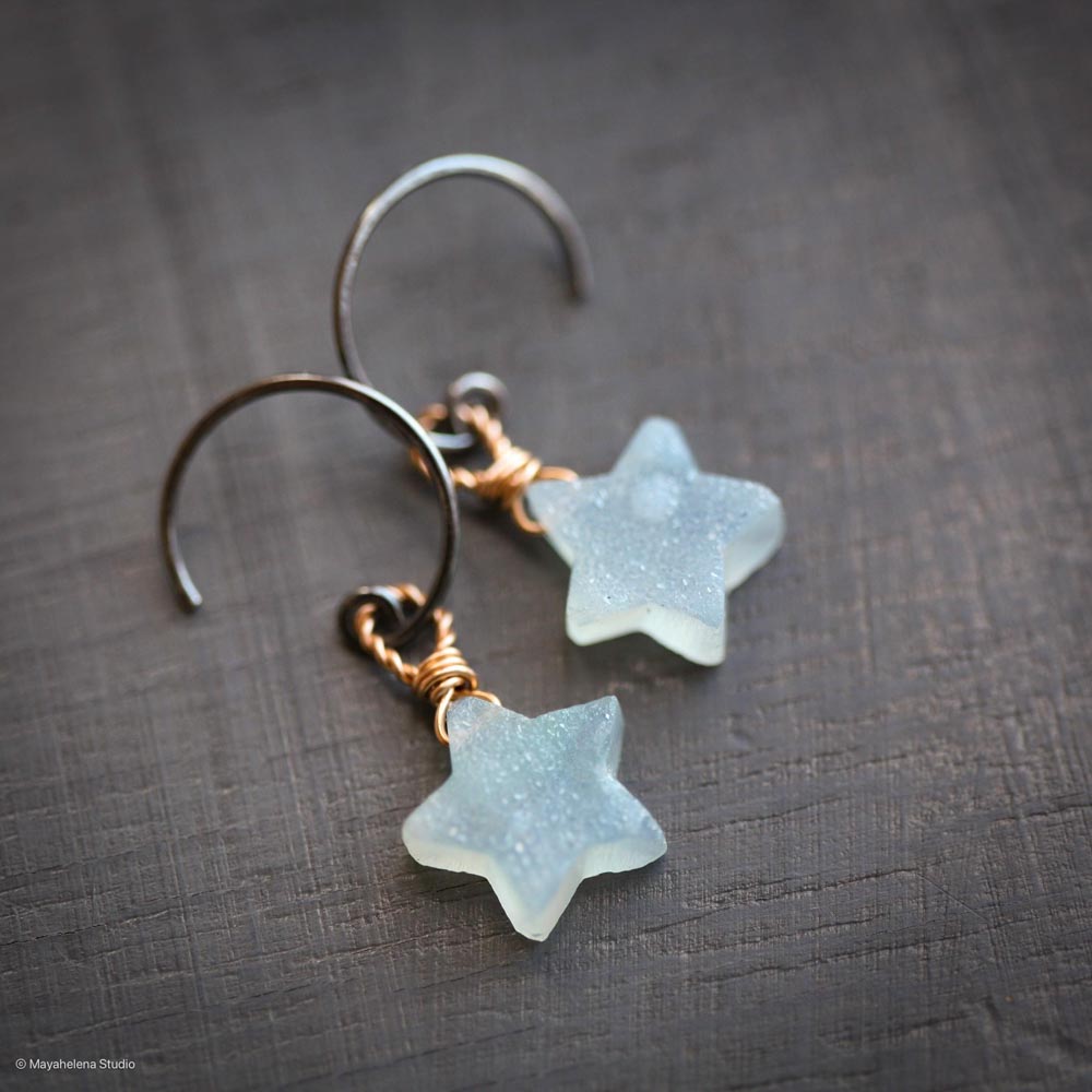 Star Child - Chalcedony Brass Oxidized Sterling Silver Earrings