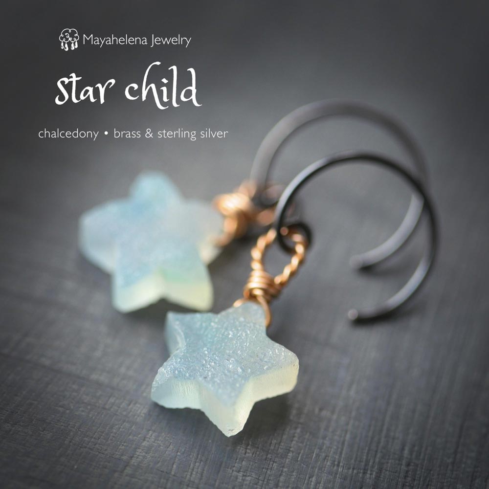 Star Child - Chalcedony Brass Oxidized Sterling Silver Earrings